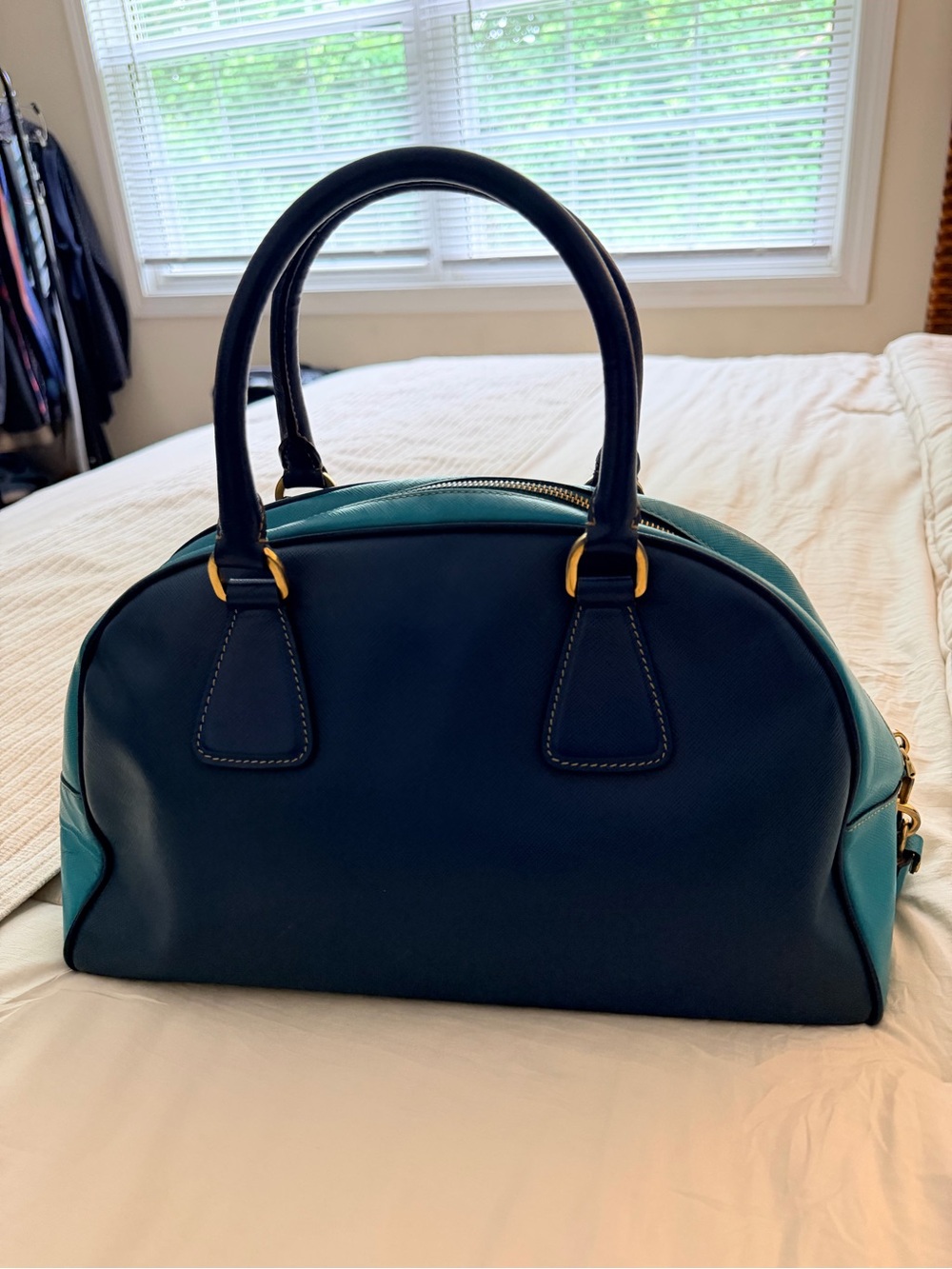 Prada White Saffiano "Bowler Bag" with Gold Hardware - Picture 5 of 11